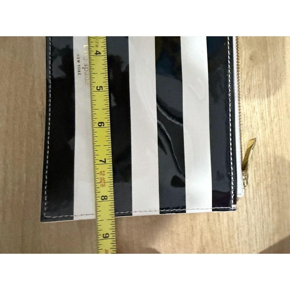 Kate Spade NY Black White Stripe Pencil Pouch Cosmetic Bag Pink Lining T